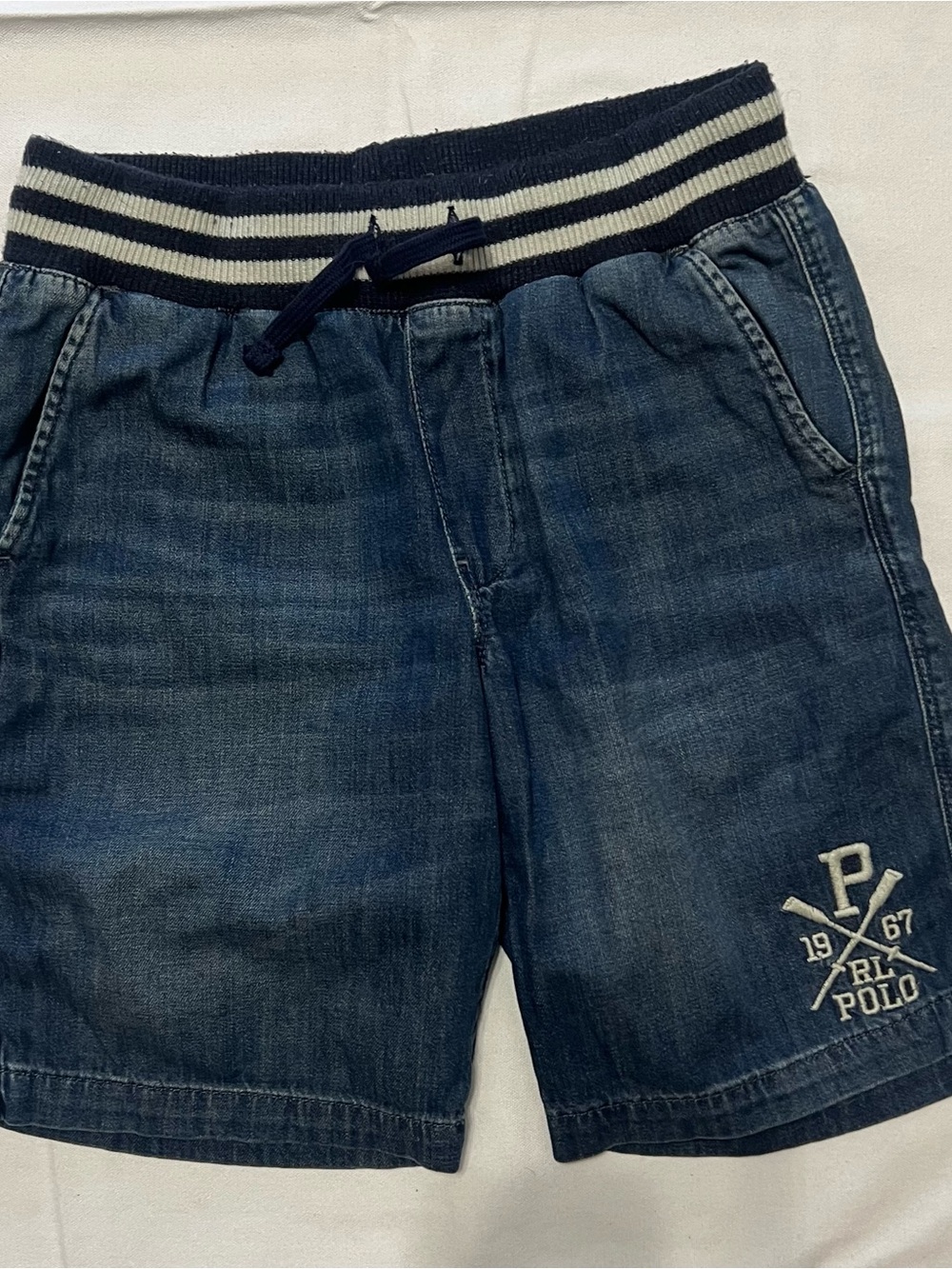 Polo Ralph Lauren Boys Denim Shorts L 14-16 Pull On Striped Waistband 1967 Crest